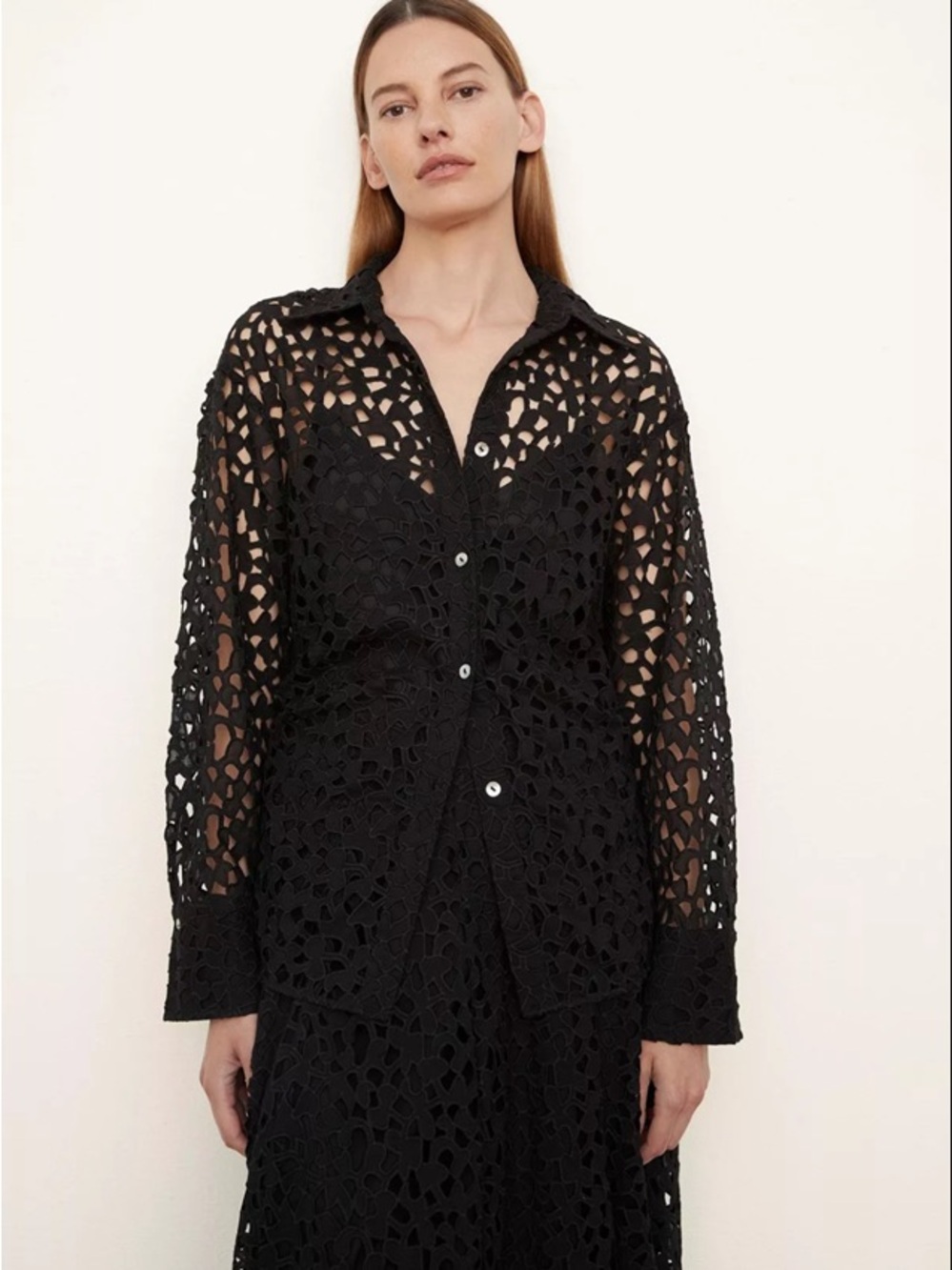 NWT $425 Vince Sculpted Lace Cotton Button-Front Shirt